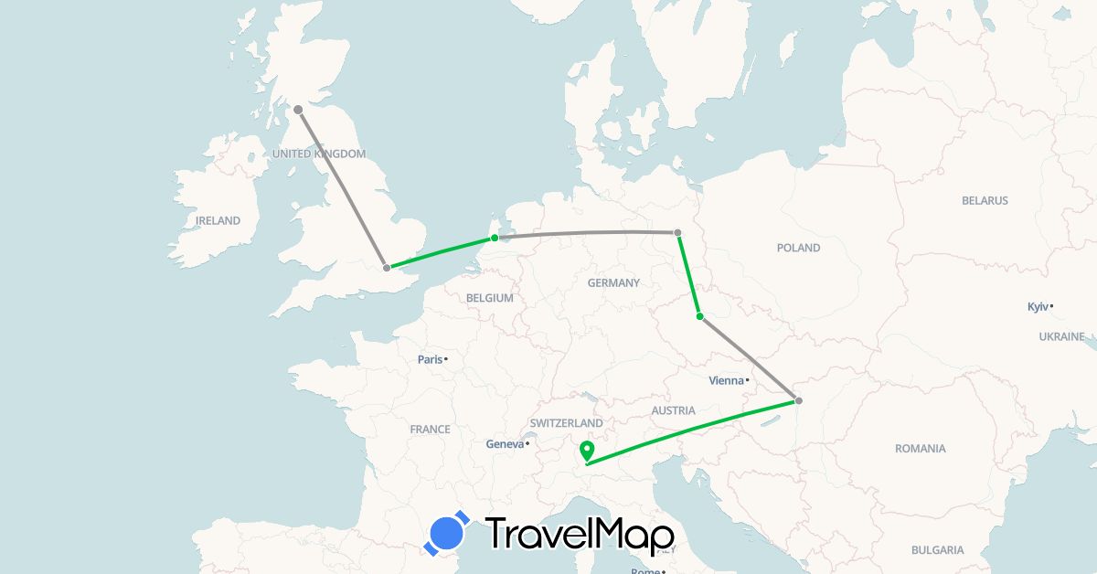 TravelMap itinerary: driving, bus, plane in Czech Republic, Germany, United Kingdom, Hungary, Italy, Netherlands (Europe)